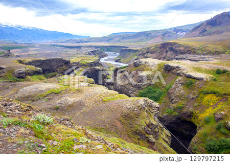 Scenic view of Iceland's stunning landscape with winding river and rugged terrain 129797215