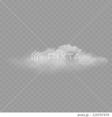 Realistic White Fluffy Cloud. Transparent Weather Sky Element. Vector 129797470