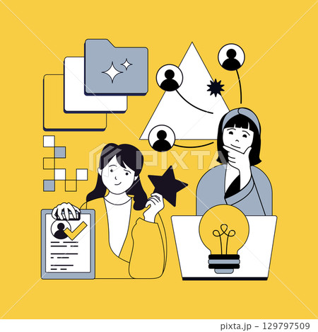 Human resources concept for modern web design. People searching cv online, making decision and recruiting applicants, doing job interview, signing work contract with partnerships. Vector illustration. 129797509