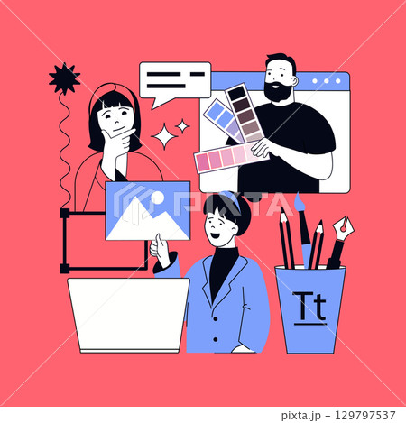 Graphic web design concept for modern website design. People creating wireframe layouts and engineering templates, coding on platform, working with project colours and images. Vector illustration. Graphic web design concept for modern website design. People creating wireframe layouts and engineering templates, coding on platform, working with project colours and images. Vector illustration. 129797537