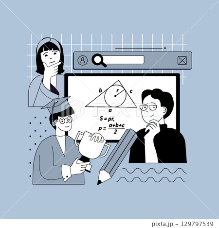 Education concept for modern web design. People studying at math lessons in classroom, answering near blackboard, gaining knowledge, learning at college or school, winning prize. Vector illustration. Education concept for modern web design. People studying at math lessons in classroom, answering near blackboard, gaining knowledge, learning at college or school, winning prize. Vector illustration. 129797539