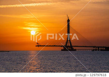 Scenic Sunset Over Danshui Tamsui Bridge Construction in Taiwan. 129797618
