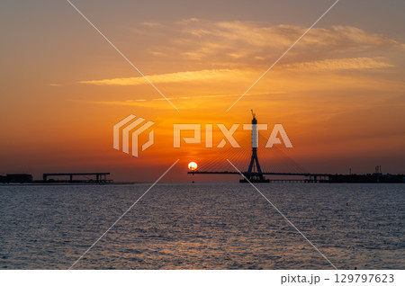 Sunset over Tamsui Bridge Construction Site. 129797623