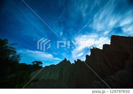 Moon World Limestone Formations at Night in Caoshan, Tainan, Taiwan. 129797650