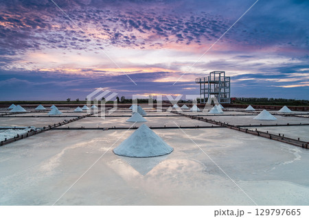Sunset Light and Moving Clouds Over Salt Fields in Qigu, Tainan City, Taiwan. 129797665