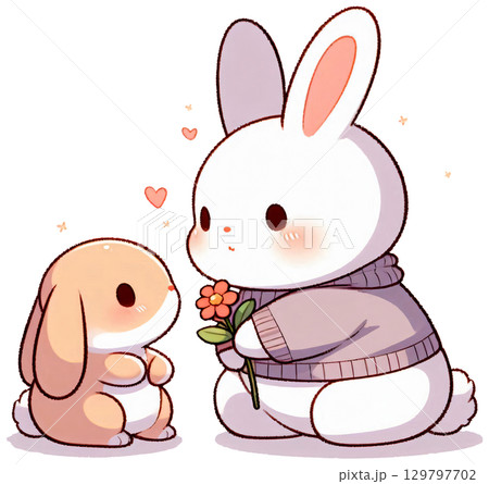 A rabbit giving a flower to another bunny 129797702