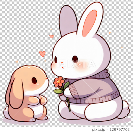 A rabbit giving a flower to another bunny 129797702