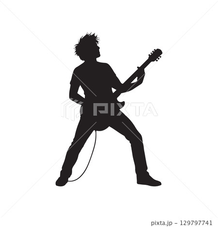 rock guitarist silhouette man playing electric guitar on stage performing music concert entertainment concept isolated on white background 129797741