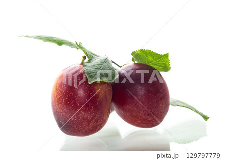 Ripe red plums and green leaves on a white background Ripe red plums and green leaves on a white background 129797779