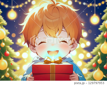 冬、プレゼントと喜ぶ少年 冬、プレゼントと喜ぶ少年 129797953