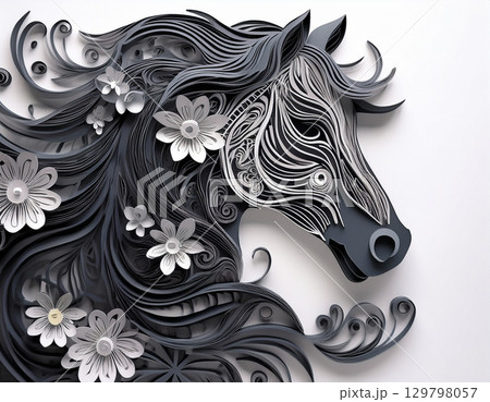 馬と花の彫紙アート 129798057