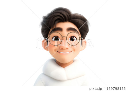 Happy smiling cartoon character young adult Asian man person portrait in 3d style design on white background Happy smiling cartoon character young adult Asian man person portrait in 3d style design on white background 129798133