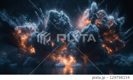 Dramatic clouds of fire and smoke billowing over a body of water, creating a vibrant and apocalyptic scene 129798154