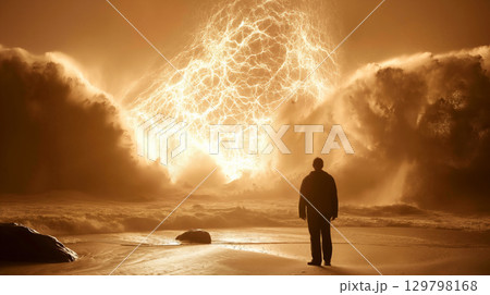 A lone individual stands against towering tornadoes and erupting energy in a ruined city 129798168