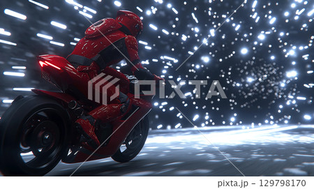 Motorcyclist wearing red suit riding futuristic bike in hyperspace tunnel Motorcyclist wearing red suit riding futuristic bike in hyperspace tunnel 129798170