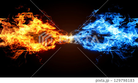 Dynamic clash of blue and red energies igniting powerful sparks Dynamic clash of blue and red energies igniting powerful sparks 129798183
