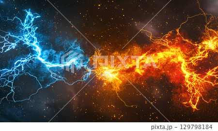 Dynamic blue and red forces clash, igniting a brilliant spark of energy exchange Dynamic blue and red forces clash, igniting a brilliant spark of energy exchange 129798184