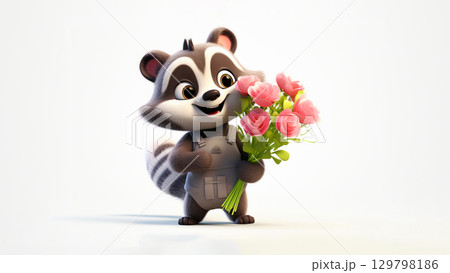 Cute happy raccoon cartoon character holding pink flowers with a joyful expression on white background 129798186
