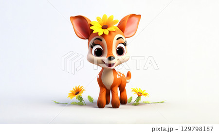 Cute happy fawn deer cartoon character smiling with flowers on a white background 129798187