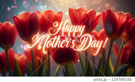 Red tulips glowing with warm light celebrate Mother's Day greeting card 129798188