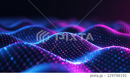 Abstract futuristic blue and purple glowing particle network wave surface gently moving on black background 129798192