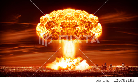 A powerful explosion creates a mushroom cloud above the skyline, illuminating the clouds and city 129798193