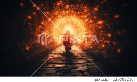 An astronaut on a motorcycle speeds through a luminous tunnel, exploring new dimensions 129798210