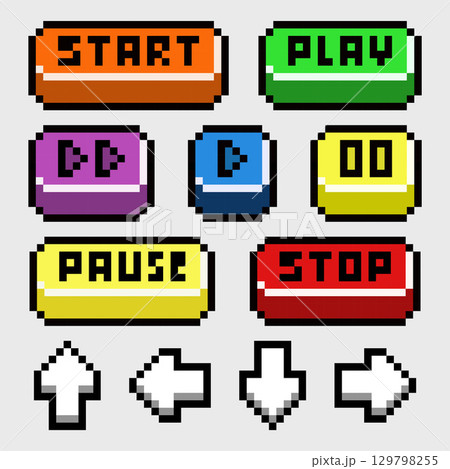 Pixel Game Buttons Pack Start, Play, Pause, Stop, Arrows Pixel Game Buttons Pack Start, Play, Pause, Stop, Arrows 129798255