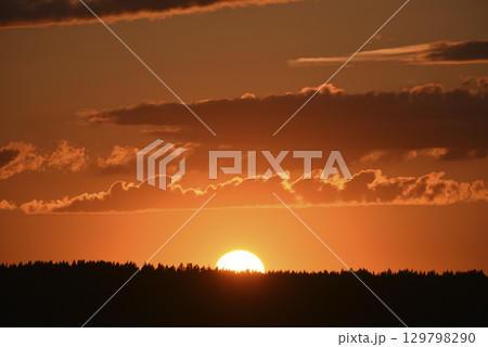 A bright sunset against a forest background. Dark forest and setting sun. Red sunset in summer. A bright sunset against a forest background. Dark forest and setting sun. Red sunset in summer. 129798290