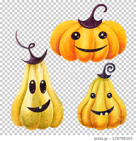 Smiling funny pumpkins with hats. Hand-drawn watercolor set cartoon illustration, isolated clip art. Halloween symbol perfect for card, label, invitation, design and kids holiday decoration. Smiling funny pumpkins with hats. Hand-drawn watercolor set cartoon illustration, isolated clip art. Halloween symbol perfect for card, label, invitation, design and kids holiday decoration. 129798305