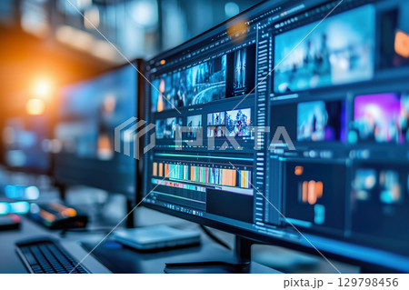 A focused workspace with multiple monitors displaying project interfaces and neon lighting 129798456