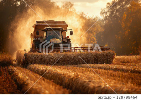 Tractor harvesting golden grains in autumn field landscape, harvest season. 129798464