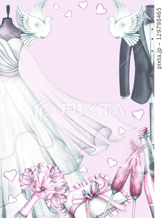Wedding vertical frame with bride's dress and groom's suit, wedding rings, champagne and other wedding elements. Hand-drawn watercolor illustration. For greeting and invitation cards, flyers, posters. 129798465
