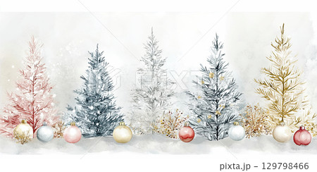 Collection of watercolor Christmas trees and decor in soft colors on white snow background. 129798466
