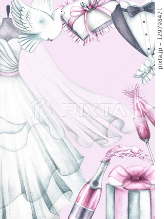 Wedding vertical frame with bride's dress and groom's suit, wedding rings, champagne and other wedding elements. Hand-drawn watercolor illustration. For greeting and invitation cards, flyers, posters. 129798471