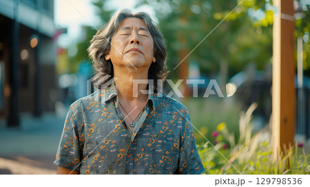 Mature Asian man stands serenely with eyes closed on a summer street Mature Asian man stands serenely with eyes closed on a summer street 129798536