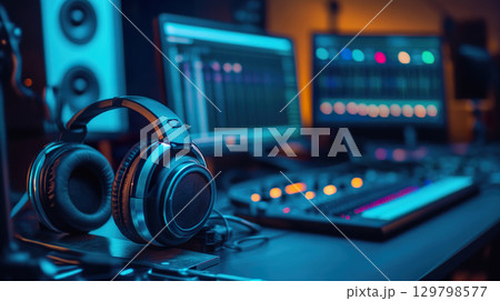 A contemporary music studio filled with advanced equipment and software for music creation 129798577