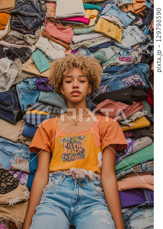 young Gen Z person and sustainable fashion. collection of second hand clothing, thrifted garments young Gen Z person and sustainable fashion. collection of second hand clothing, thrifted garments 129798590