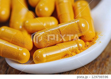 Turmeric supplements arranged on a white dish with scattered powder in a cozy kitchen setting. 129798596