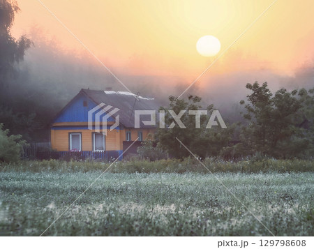 Beautiful sunrise view of the farm in the morning 129798608