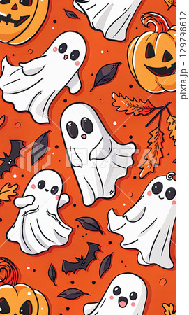 Playful Halloween Ghosts and Pumpkins Pattern with Autumn Leaves. 129798612