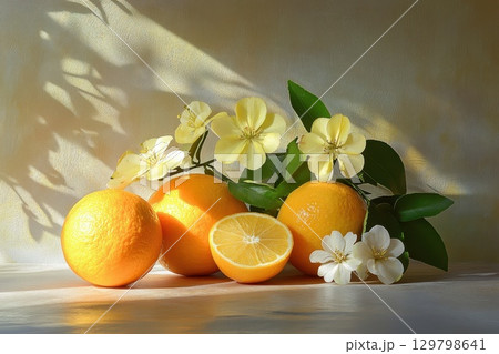fresh orange with green leaves 129798641
