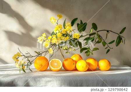 fresh orange apricot on white table 129798642