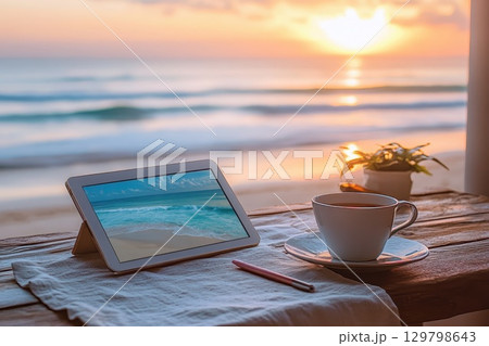 cup of hot coffee on the table 129798643