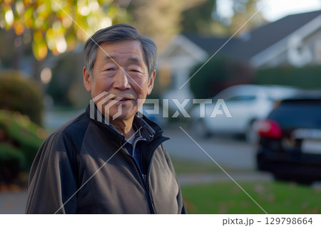 Mature Asian man outdoors, suburbs, casual baby boomer weekend wear. 129798664