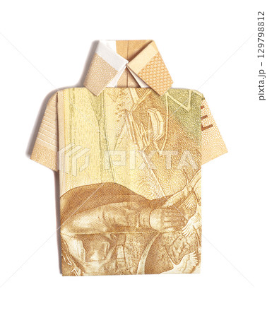 Shirt Origami With Russian 100 rubles banknote currency isolated on white 129798812
