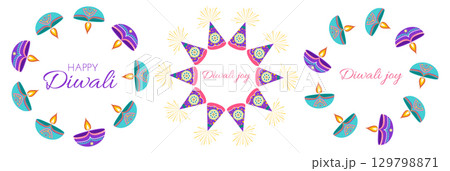 Diwali festival vector frames set including diyas and fireworks in flat style. Deepavali vector illustration for digital and print projects Diwali festival vector frames set including diyas and fireworks in flat style. Deepavali vector illustration for digital and print projects 129798871