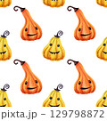 Funny Halloween pumpkins seamless pattern with white background. Autumn kids watercolor illustration. Cute print in cartoon style. Perfect for holiday decoration, home fabrics, textile, wrapping paper 129798872
