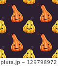 Dark Halloween bright funny pumpkins seamless pattern. Hand-drawn watercolor illustration. Perfect for kids party decoration, wrapping paper, print, fabrics, home textile and spooky autumn design 129798972