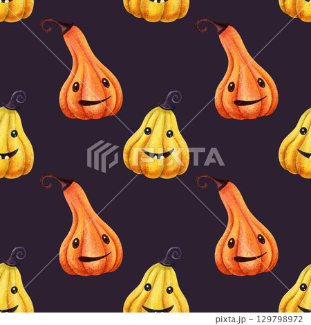 Dark Halloween bright funny pumpkins seamless pattern. Hand-drawn watercolor illustration. Perfect for kids party decoration, wrapping paper, print, fabrics, home textile and spooky autumn design 129798972